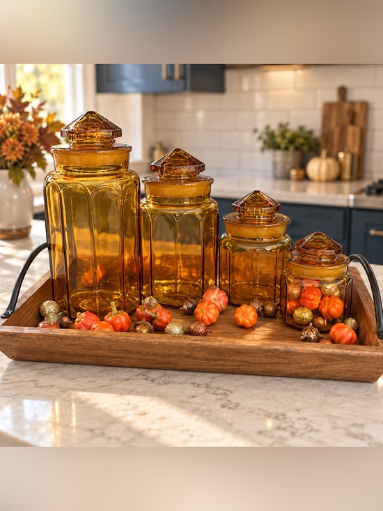 Other - Amber Glass Canister Set with Lids - 4 Piece